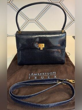Lambertson Truex rare Navy Genuine Lizard ladies-2-lunch Kelly bag+strap+Dustbag